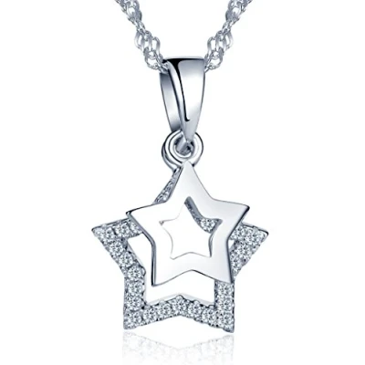 Image of Infinite U 925 Sterling Silver Cubic Zirconia Unique Double Stars Pendant Girls/Women Necklace, with White Gift Box/Blue Bag (Silver(with pouch))