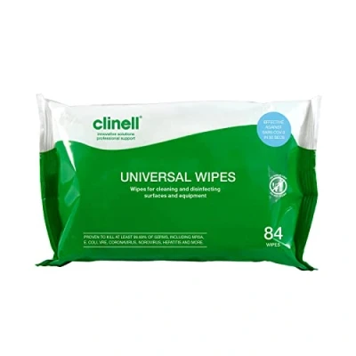 Image of Clinell BCW84 Universal Cleaning and Disinfectant Wipes for Surfaces 84 Multi Purpose Wipes, Kills 99.99% of Germs, Effective from 10 Seconds, White