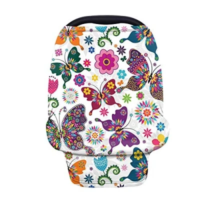 Image of Binienty Colorful Butterflies Flower Print Baby Car Seat Cover, Stretch Fabric Soft Babies Infants Carseat Canopy Stroller Shower Gifts