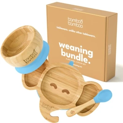Image of Bamboo Baby Plate &amp; Bowl Weaning Set, Suction and for Feeding Weaning, Elephant Plate, Toddler Spoon, Plates Babies from 6 Months (Blue)