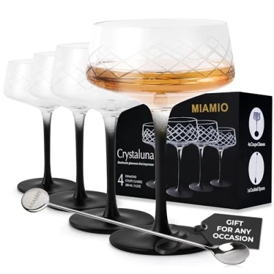 Image of MIAMIO 280 ml Coupe Glasses Set of 4 with Bar Spoon, Handblown Crystal Cocktail Black Stem, Unique Glasses, Champagne Crystaluna Collection