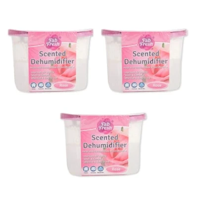 Image of Dehumidifier for Home Damp Kitchen Wardrobe Office Caravan Garage Bathroom Basement Air Purifier (White Box Rose Scent 500ml, 3 Pack)