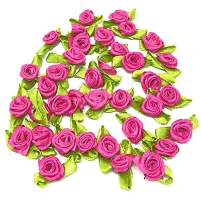 Image of Fuchsia Pink 15mm Mini Rose Satin Ribbon Buds Craft Decorative Flowers (50)