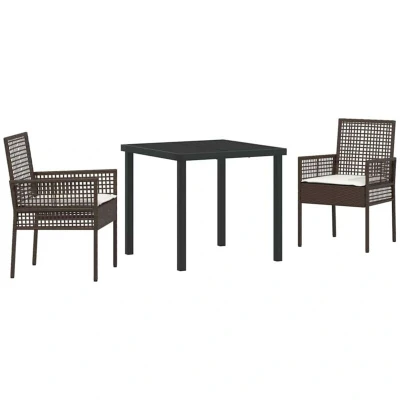 Image of vidaXL 3 Piece Garden Dining Set with Cushions Brown Poly Rattan