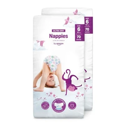 Image of Amazon Brand Mama Bear Ultra Dry Nappies, Size 6 (15+ kg), 140 Count (2 Packs of 70), White, Monthly Pack