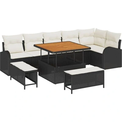 Image of vidaXL 9 Piece Garden Sofa Set with Cushions Black Poly Rattan Acacia