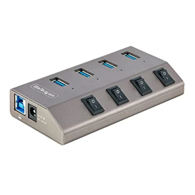 Image of StarTech 4 Port Self Powered USB C HUB with Individual On/Off Switches, 3.0 5Gbps Expansion w/Power Supply,Desktop/Laptop A Hub, Type w/BC 1.2(5G4AIBS EU),SpaceGray