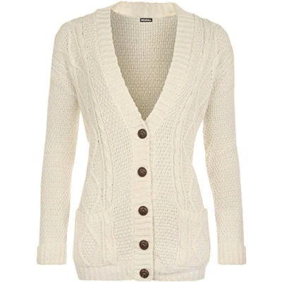Image of WearAll Womens Cable Knitted Button Cardigan Long Sleeve Ladies Boyfriend Top Cream 20 22