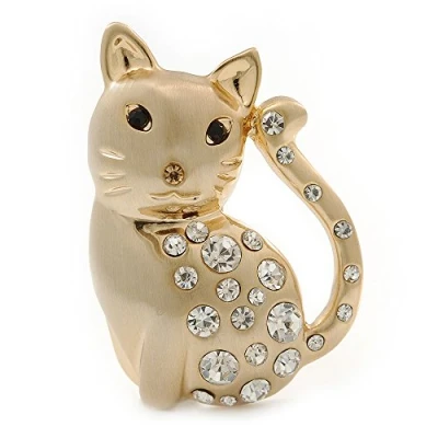 Image of Avalaya Clear Diamante &#039;Cat&#039; Brooch in Brushed Gold Finish 45mm Length