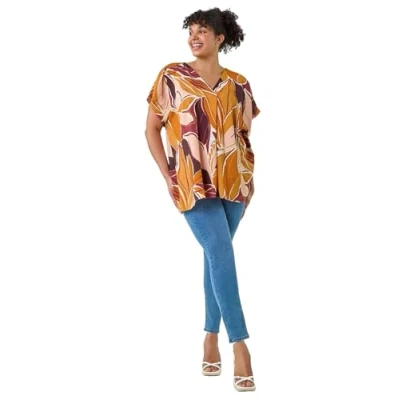 Image of Roman Curve Womens Leaf Print Pleat Front Top Natural Size 18 UK