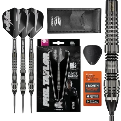 Image of TARGET Darts Phil Taylor Power 8 Zero 4 Black Steel Tip Swiss Point Darts, 80% Tungsten Dart Set, P8Z4, 23G Player Edition with Points, SP Tool, Case Included
