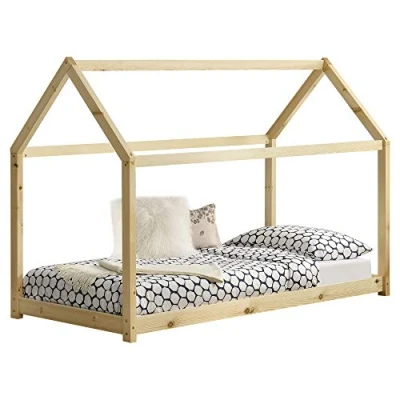 Image of [en.casa] Children&#039;s bed Netstal 70x140cm house made of wood for children room pine Natural colours