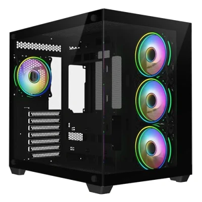 Image of CiT Vision Black Dual Tempered Glass Panelling ATX PC Gaming Cube with 6 Port PWM Fan Controller and 4 x Tornado Infinity 120mm ARGB Ring Fans Included