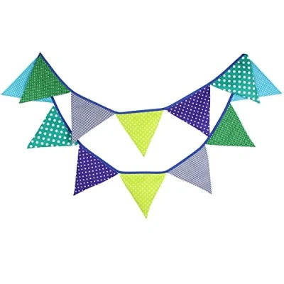 Image of G2PLUS Double Sided Fabric Bunting Banner, Two Layer Triangle Floral Bunting, 3.3M with 12PCS Green and Blue Pennants, Cotton Shabby Chic Garland for Bedroom Brithday Tea Party Decorations