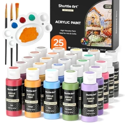 Image of Shuttle Art Acrylic Paint Set, 25 Vintage Colours Paints, 2oz/60ml Bottles, Rich Pigmented, Premium Paints for Artists, Beginners and Kids on Rocks Crafts Canvas Wood Ceramic