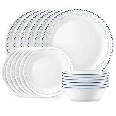 Image of Corelle 18 Piece Dinnerware Set, Service for 6, Lightweight Round Plates and Bowls Vitrelle Triple Layer Glass, Chip Resistant, Microwave Dishwasher Safe, Caspian, Navy, White