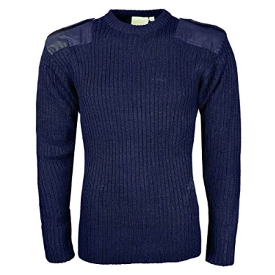 Image of Mens Security Jumpers Military Army Style Knitted Crew Neck Jumper with Soulder Equalettes and ELbow Patches (Large, Navy)