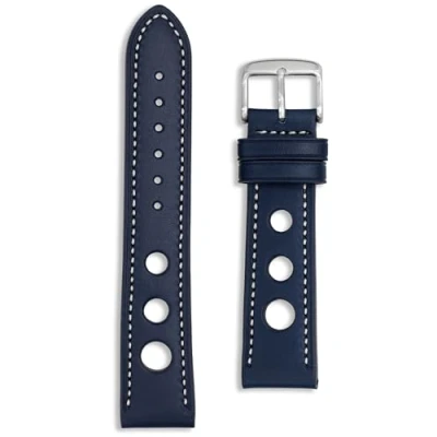 Image of Luxury Leather Rally Style Watch Strap 22mm Black White Stitching Tool and Spring Bars Included (22mm, Black)