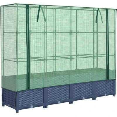 Image of vidaXL Raised Bed with Greenhouse Cover Rattan Look, Light Grey, Polypropylene, 160x40x138 cm