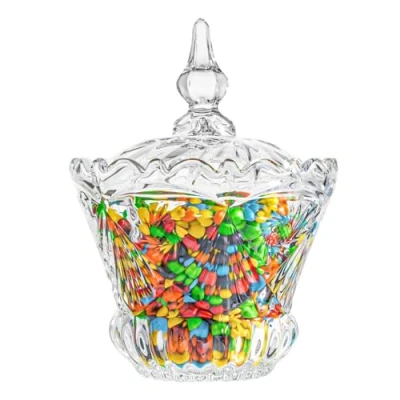 Image of ComSaf Glass Candy Sweet Jar with Lid, Crystal Bon Covered Sugar Bowl Small Decorative Cookie Dish Buffet Storage Container Clear for Party Wedding Birthday Gift (Diameter: 15.5CM)