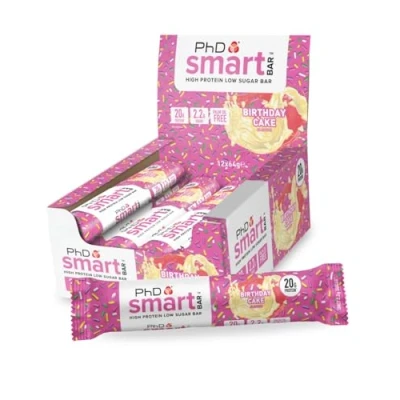 Image of PhD Nutrition Smart Protein Bar Low Calorie, Nutritional Bars/Protein Snacks, High Sugar, Birthday Cake Flavour, 20g of Protein, 64g (12 Pack)