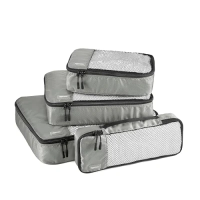 Image of Amazon Basics Packing Cubes for Suitcases, Travel Organisers, Zipper, 4 Piece Set Bags, Large/Medium/Small/Slim, Gray