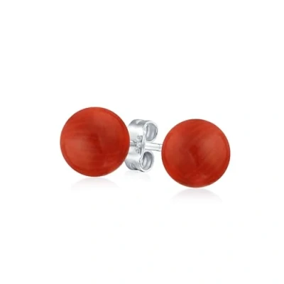 Image of Simple Dyed Red Natural Carnelian Ball Round Stud Earrings For Women .925 Sterling Silver 8MM