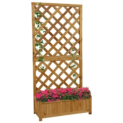 Image of Woodside Aldburgh Large Wooden Garden Trough Planter/Flower Container Window Box with Trellis, Heavy Duty Raised Bed + Climbing Frame, Outdoor use
