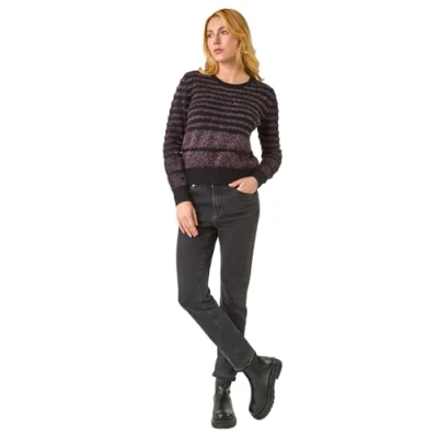 Image of Roman Originals Fluffy Yarn Jumper for Women UK Ladies Thick Sweater Warm Cosy Chunky Knitted Pullover Winter Furry Casual Smart Textured Everyday Cuddly Comfy Soft Knitwear Noir Multi Size 14