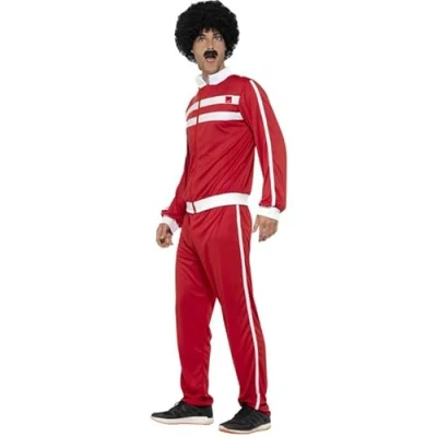 Image of My Illusions Red or Blue Scouser Costume Tracksuit + Wig Tash 1980s Funny Runner Halloween Stag Do Fancy Dress Outfit (Red, Medium 38 40&quot; Chest)