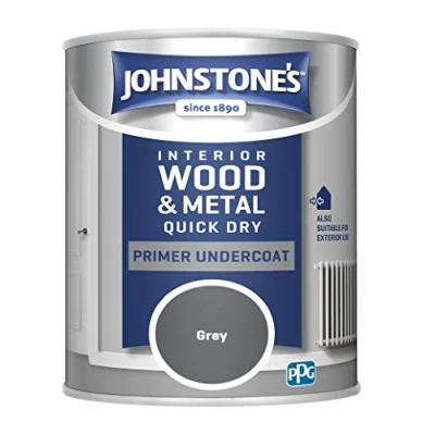 Image of Johnstone&#039;s Quick Dry Gloss Primer Undercoat Grey Water Based Interior Wood &amp; Metal Fast Drying Low Odour in 1 2 Hours 13m2 Coverage per Litre 0.75 L