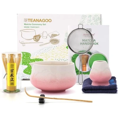 Image of TEANAGOO 7 Pcs Matcha Whisk Set, Pink Ceremony Powder Kit,Matcha Tea Set for Making Latte,Matcha and Bowl with Scoop&amp;Sifter,Fuji Design Ceramic Bowl,Gift Lovers