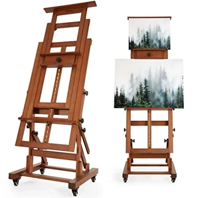 Image of VISWIN Extra Large Master H Frame Easel, Hold 1 or 2 Canvas up to 200 cm, Tilts Flat, Movable Solid Beech Wood Heavy Duty Floor Easel Stand for Painting, Adjustable Art Adult, Artist W