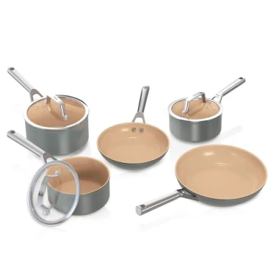 Image of Ninja Extended Life 5 Piece Ceramic Cookware Set, 20 and 24 cm Frying Pans, 16, 18 Saucepans Lids, Non Stick, No PFAs, PFOAs, Lead or Cadmium, Oven Safe, Terracotta Grey, CW95000EUUKDB