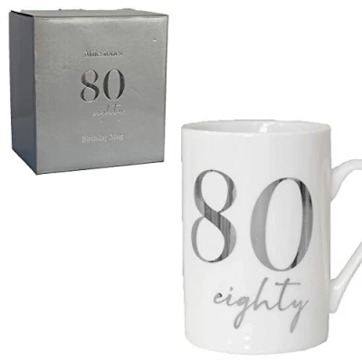 Image of White Bone China Mug with Silver Foil Number 80th Eighty 80 Birthday