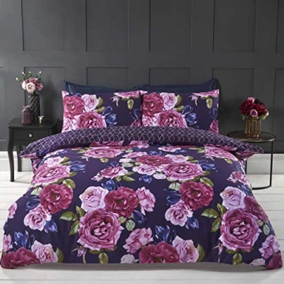 Image of Rapport Home Floral Aubergine Purple Duvet Quilt Cover Bedding set with reversible geometric print (Double), Polyester