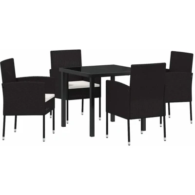 Image of vidaXL 5 Piece Garden Dining Set with Cushions Black Poly Rattan