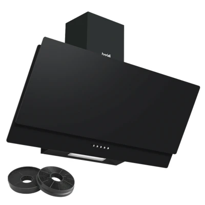 Image of Baridi 90cm Angled Chimney Cooker Hood with Carbon Filters &amp; LED Lamp, Energy Class A, Black Glass DH106