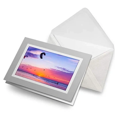 Image of Greeting Cards Gray (Insert) Kite Surfing Sunset Beach Blank Greetings Card Birthday Kids Party Boys Girls #2474