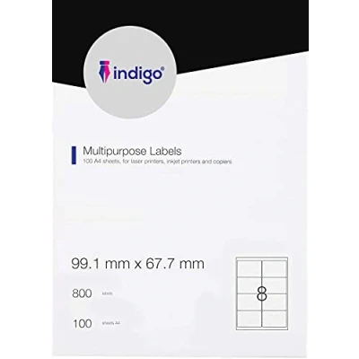 Image of indigo® Multipurpose White A4 Labels 100 Sheets Per Box Inkjet, Laser, and Copier (8 Label Sheet (99.1 x 67.7mm))