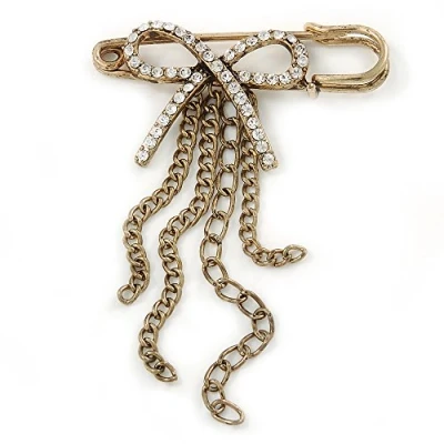 Image of Avalaya Vintage Inspired Clear Crystal Bow with Tassel Safety Pin Brooch in Antique Gold Tone 50mm Across