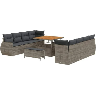 Image of vidaXL 11 Piece Garden Sofa Set with Cushions Grey Poly Rattan Acacia