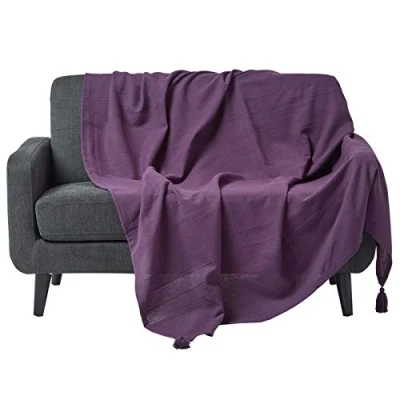 Image of HOMESCAPES Rajput Ribbed Throw 90 x 100 Inches Plain Purple Handmade 100% Cotton Suitable for most 3 Seater Sofas Double King bedspreads Easy care washable at home