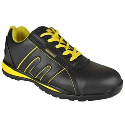Image of BARGAINS GALORE Mens Safety Trainers Shoes Boots Work Steel Toe Cap Hiker Ankle Black Yellow Leather (6 UK)