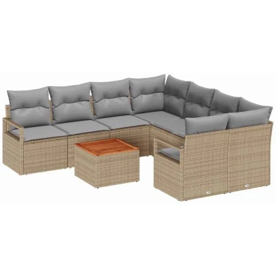 Image of vidaXL 9 Piece Garden Sofa Set with Cushions Beige Poly Rattan Acacia