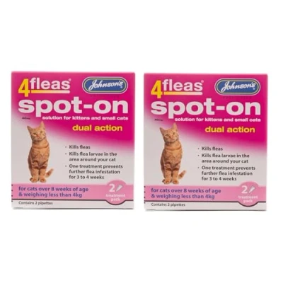 Image of LEEWAY WOODWORK JOHNSONS 4FLEAS CAT DUEL ACTION SPOT ON +8 WEEKS BELOW 4KG WEIGHT (2X PACKS)