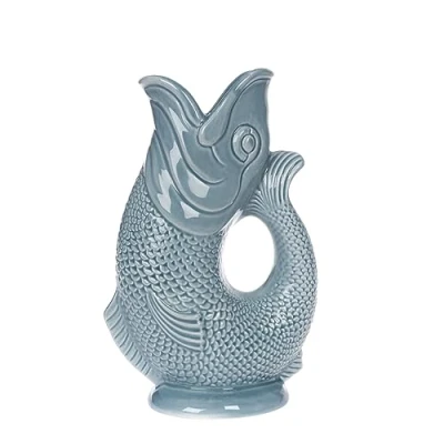 Image of Gurgly Iconic Blue Grey Glug Jug Small 23cm 750ml Fish Water Jug, Decorative Vase, Ornament, Carafe