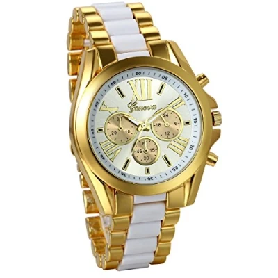 Image of JewelryWe Men&#039;s Roman Numbers Dial Two Tone Stainless Steel Dress Watch White Gold Color