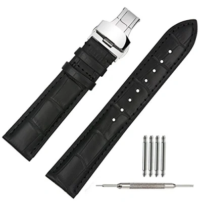 Image of TStrap 20mm Genuine Leather Watch Strap Black Replacement Miliary Band Bracelet w/Deployment Clasp Buckle