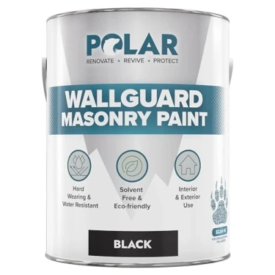 Image of Polar Wallguard Black Masonry Paint Exterior 5 Litre Waterproof Coating for Brick, Concrete, Stone, Pebbledash, and Ironwork High Durability Superior Protection Walls